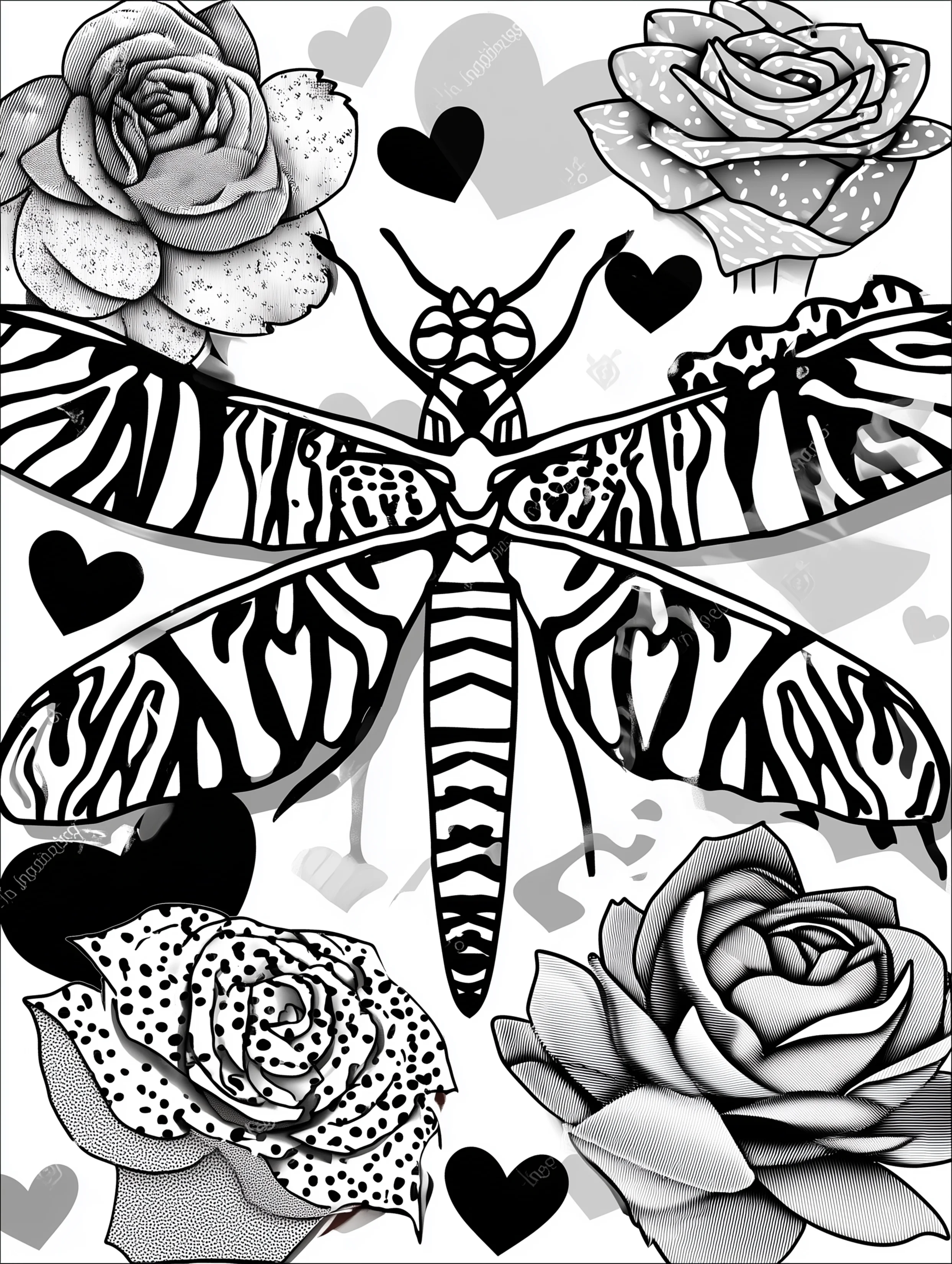 Free printable insect coloring page for adults featuring a dragonfly with zebra patterned wings